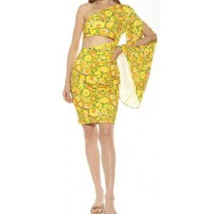 Alexia Admor Retro One-Shoulder Floral Yellow & Green Cutout Waist Dress XS NWT